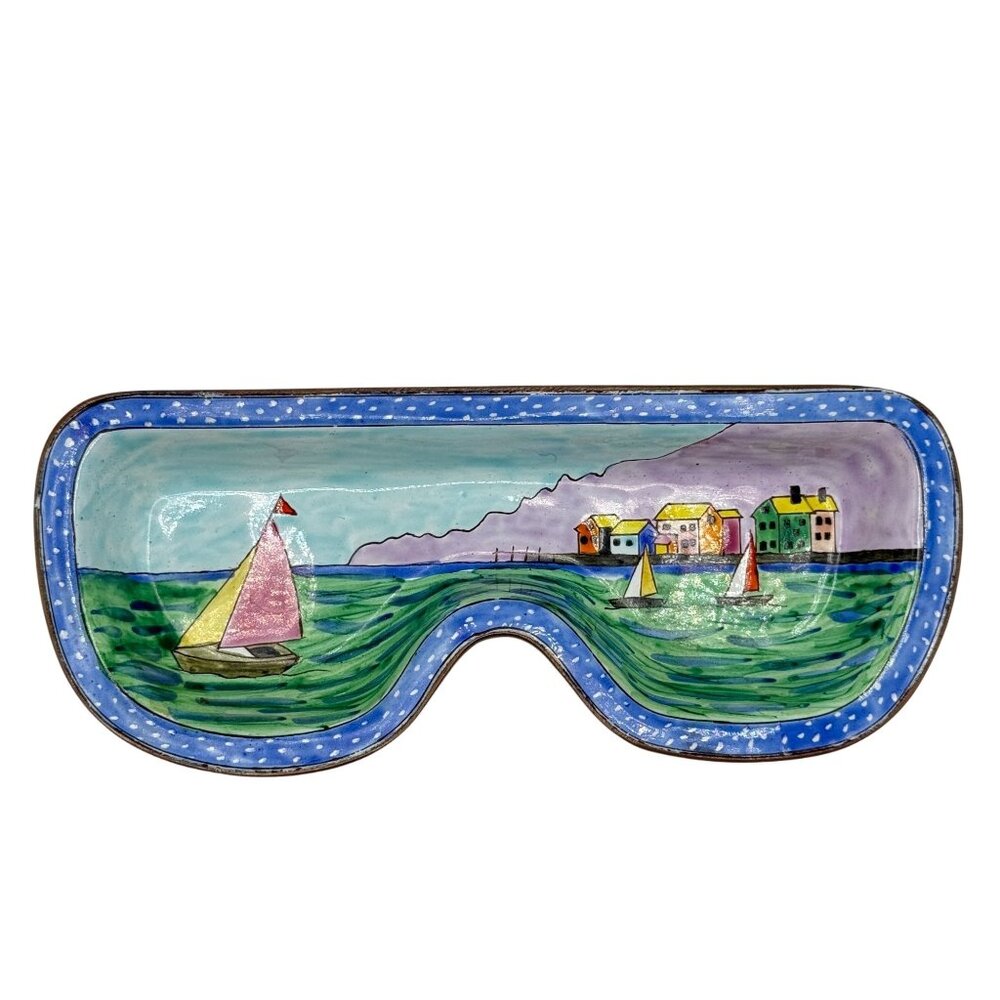 Hand-Painted Kelvin Chen Enamel Copper Eyeglasses Dish Tray Sailboat Scene 2001
